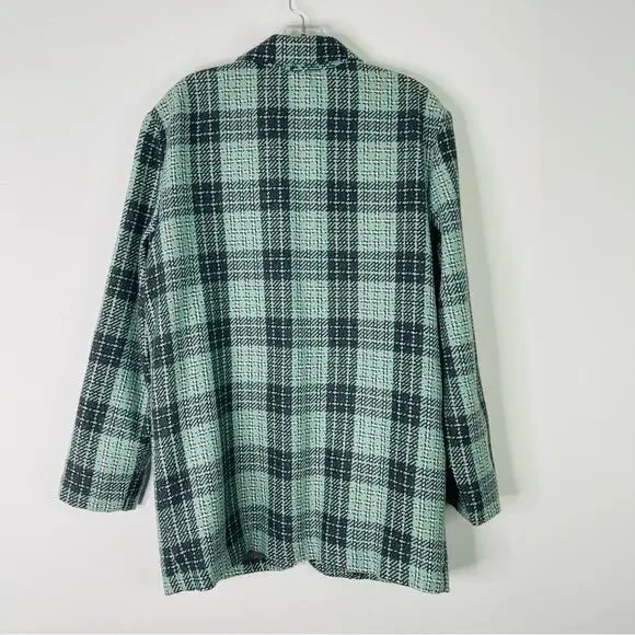 Vintage mint green grey plaid wool preppy button boyfriend blazer medium - Picture 6 of 6